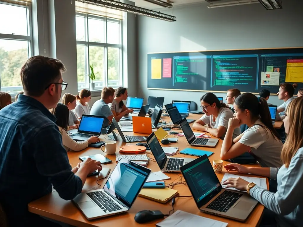 A brightly lit classroom with students engaged in a coding session, focusing on beginner-level Python programming. The atmosphere is collaborative and supportive, with an instructor assisting students individually.