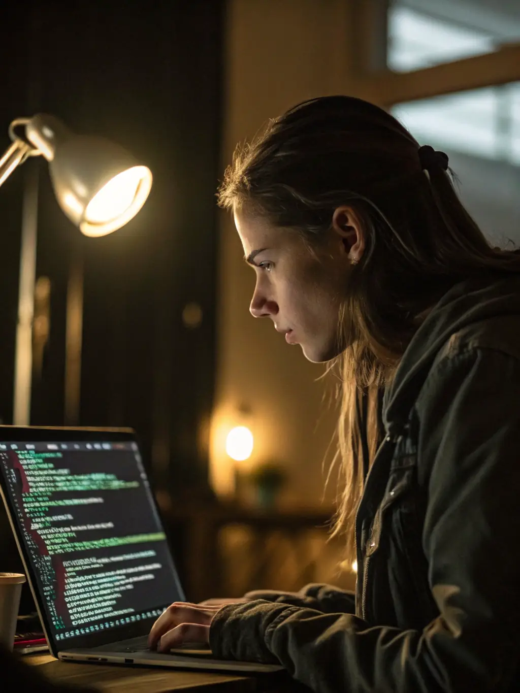 An advanced student working on a complex coding project, using a high-end laptop and multiple monitors, in a quiet, focused study area at armoirekit.