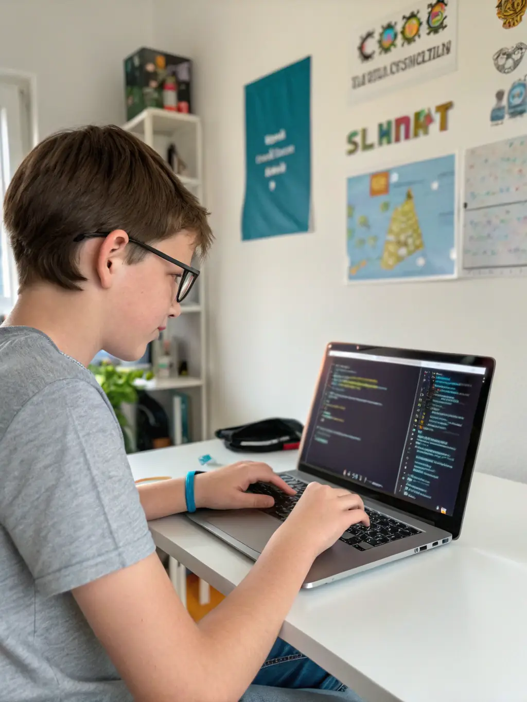 A student enthusiastically coding at a desk, surrounded by multiple monitors displaying lines of code, in a brightly lit, modern classroom setting. The student is focused and smiling, showcasing the engaging learning environment at armoirekit.