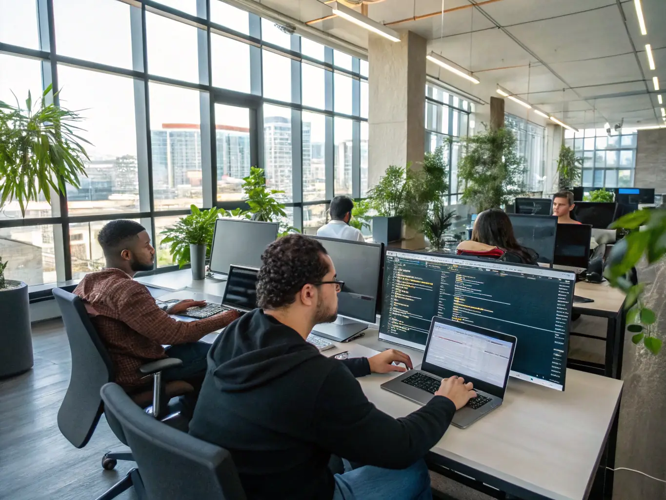 A modern office setting with developers working on complex algorithms and data structures, emphasizing intermediate-level Java programming. The environment is professional and challenging.